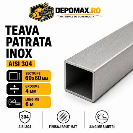 Teava patrata inox AISI 304, 60 x 60 x 4 mm, 6 metri